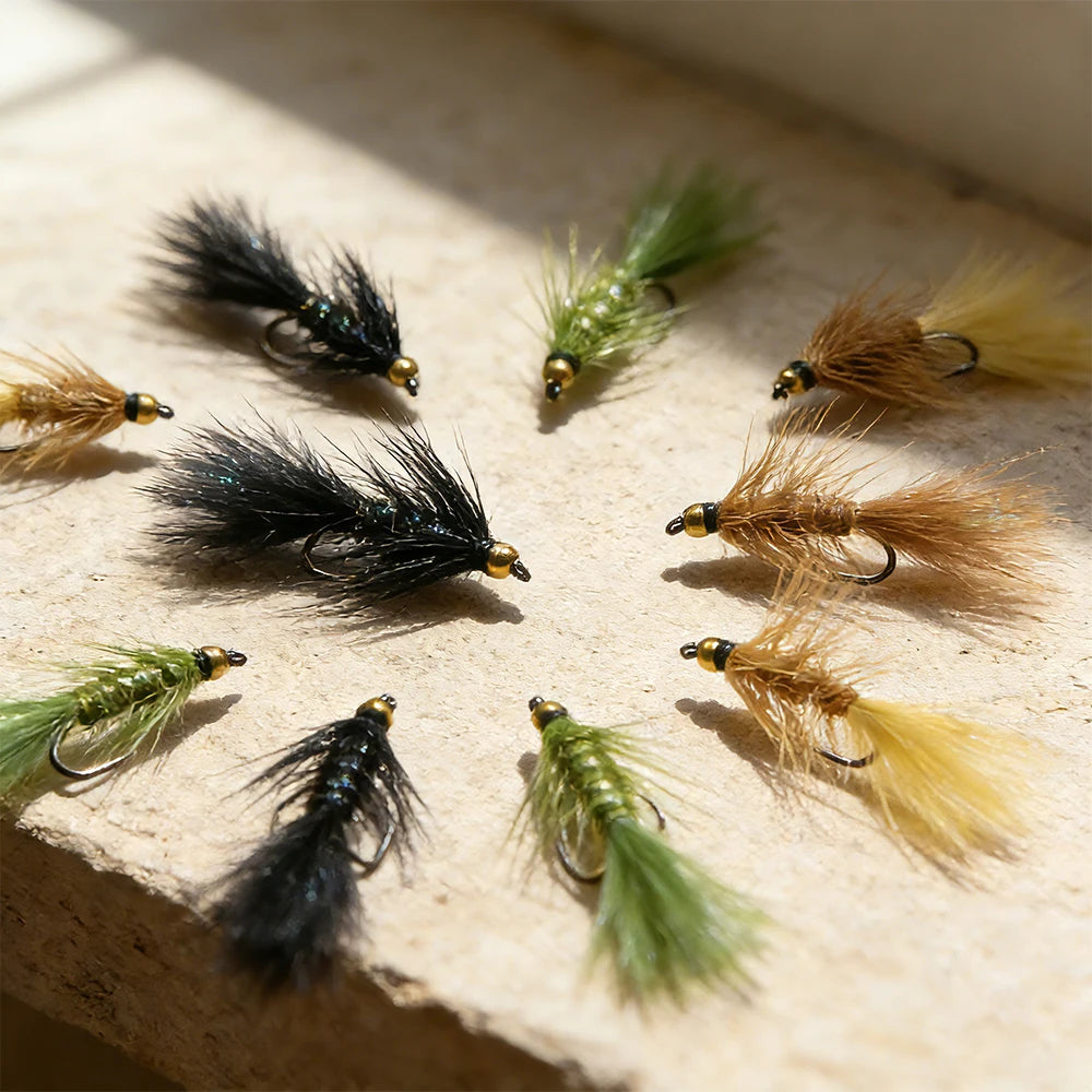 12pcs Woolly Bugger Streamers Fly  Brass Bead Head Fishing Flies For Steelhead Pike Bass Rainbow Trout Fishing Lures Baits