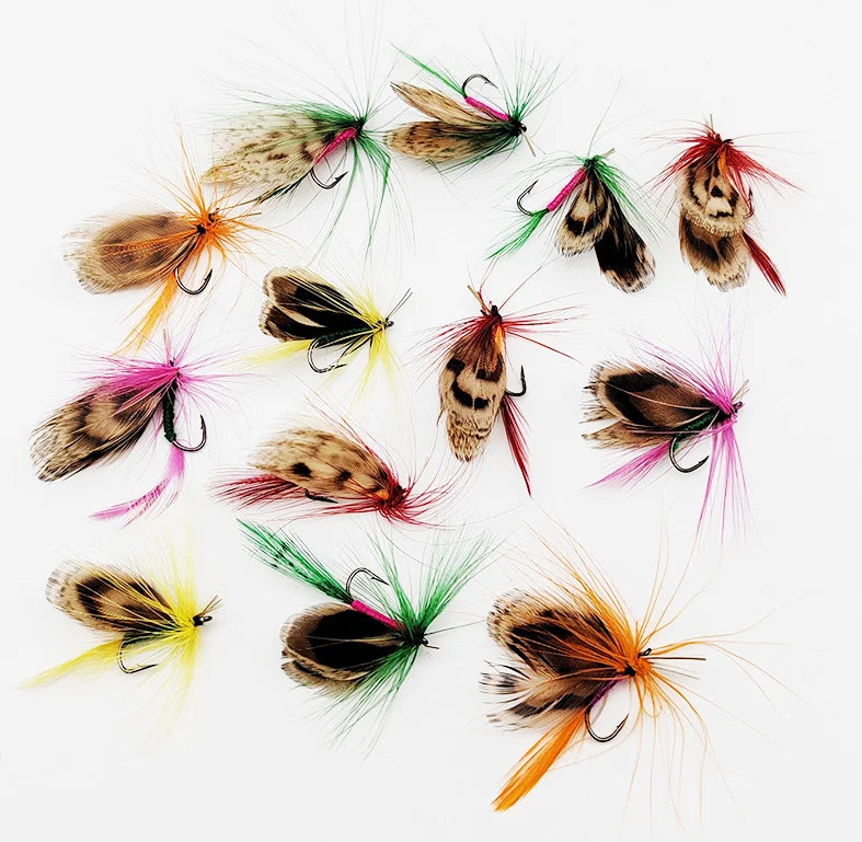 12PCS/Bag Topwater Fly Fishing Lure Set With Dry Fly Feather Hook Natural Insects Artificial Fake Bait For Fishing Carp Trout