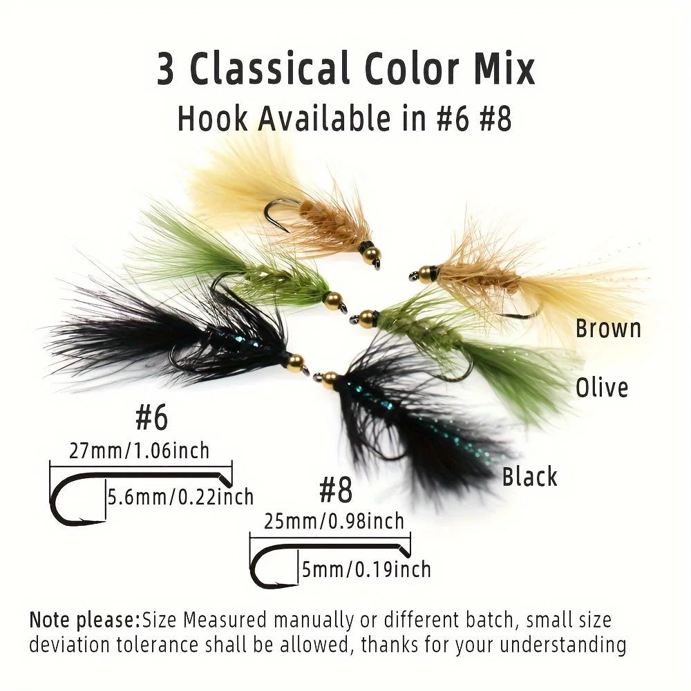 12pcs Woolly Bugger Streamers Fly  Brass Bead Head Fishing Flies For Steelhead Pike Bass Rainbow Trout Fishing Lures Baits
