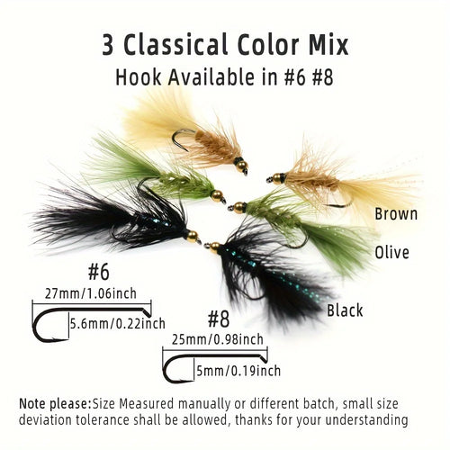 12pcs Woolly Bugger Streamers Fly  Brass Bead Head Fishing Flies For Steelhead Pike Bass Rainbow Trout Fishing Lures Baits