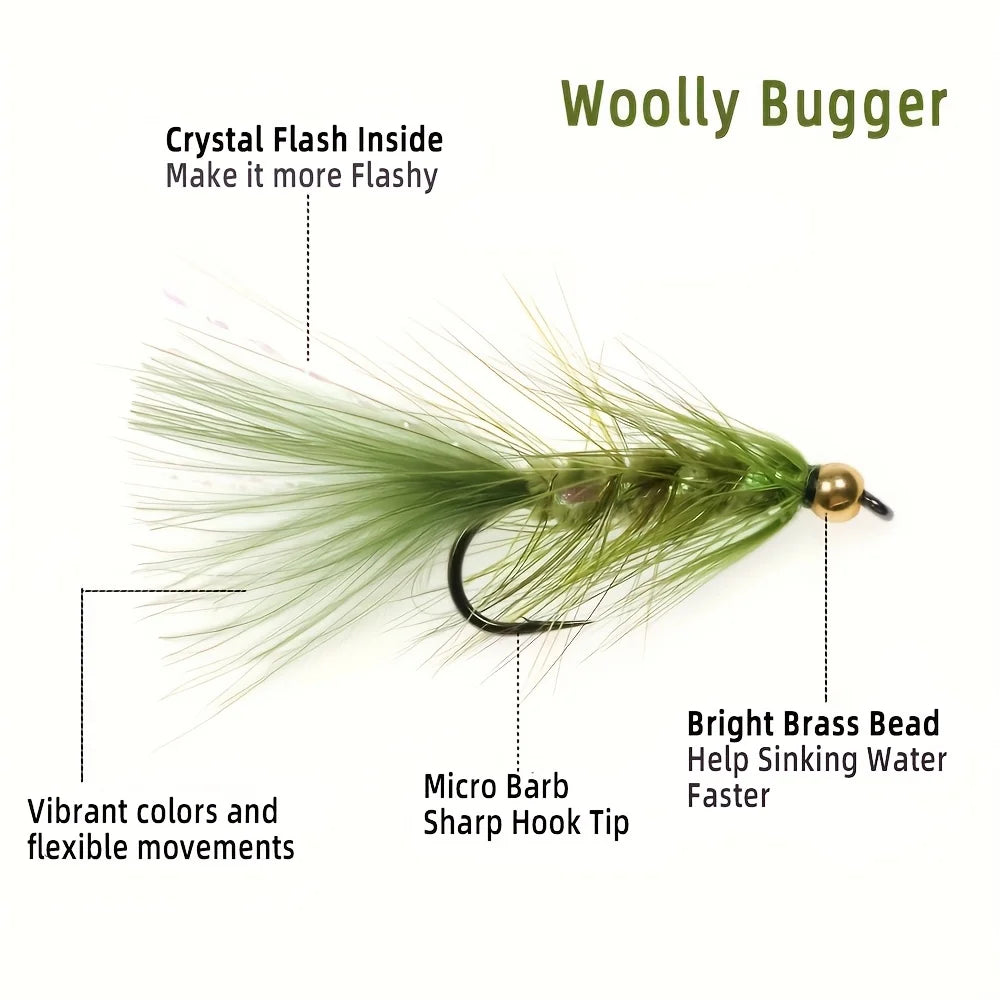 12pcs Woolly Bugger Streamers Fly  Brass Bead Head Fishing Flies For Steelhead Pike Bass Rainbow Trout Fishing Lures Baits