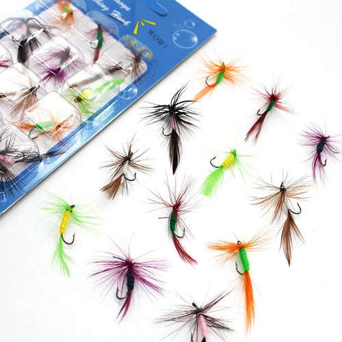 12PCS/Bag Topwater Fly Fishing Lure Set With Dry Fly Feather Hook Natural Insects Artificial Fake Bait For Fishing Carp Trout