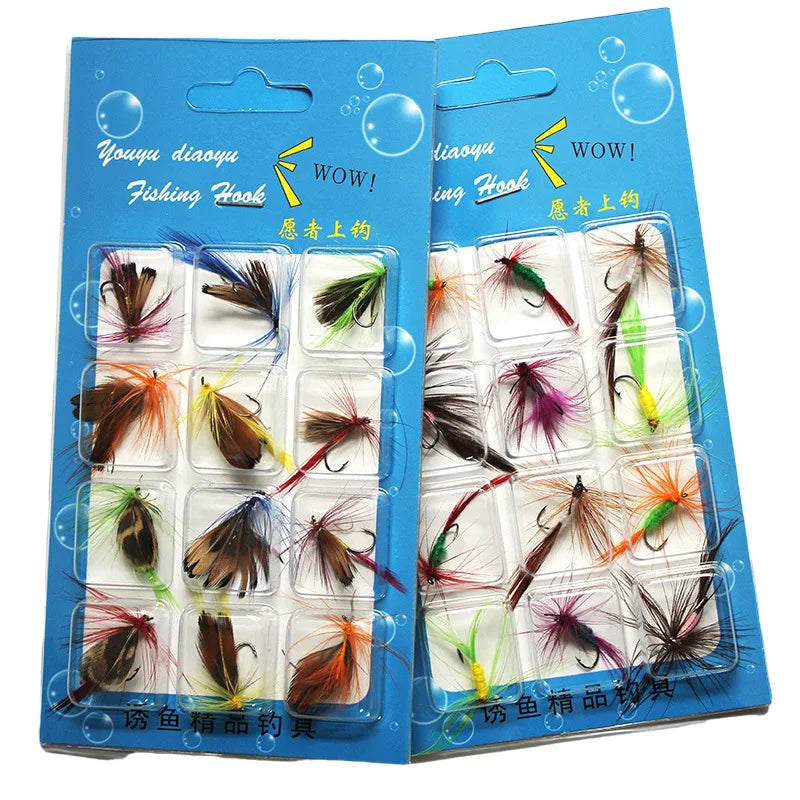 12PCS/Bag Topwater Fly Fishing Lure Set With Dry Fly Feather Hook Natural Insects Artificial Fake Bait For Fishing Carp Trout