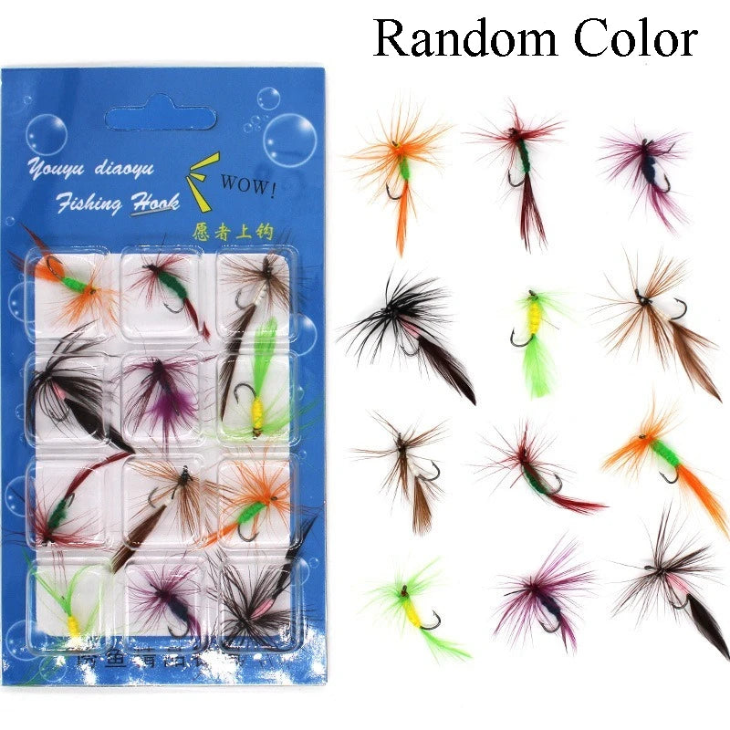 12PCS/Bag Topwater Fly Fishing Lure Set With Dry Fly Feather Hook Natural Insects Artificial Fake Bait For Fishing Carp Trout