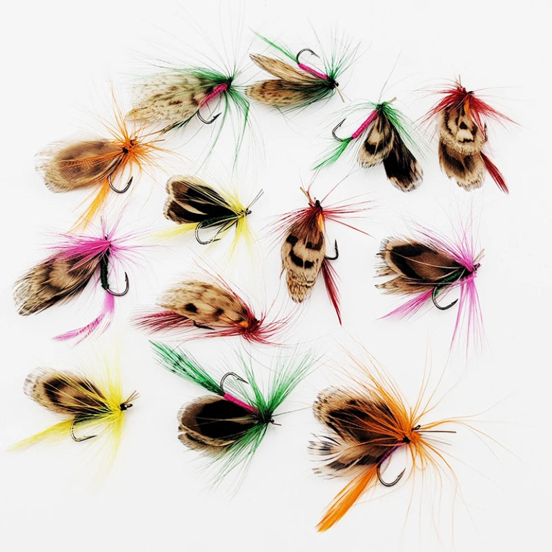 12PCS/Bag Topwater Fly Fishing Lure Set With Dry Fly Feather Hook Natural Insects Artificial Fake Bait For Fishing Carp Trout