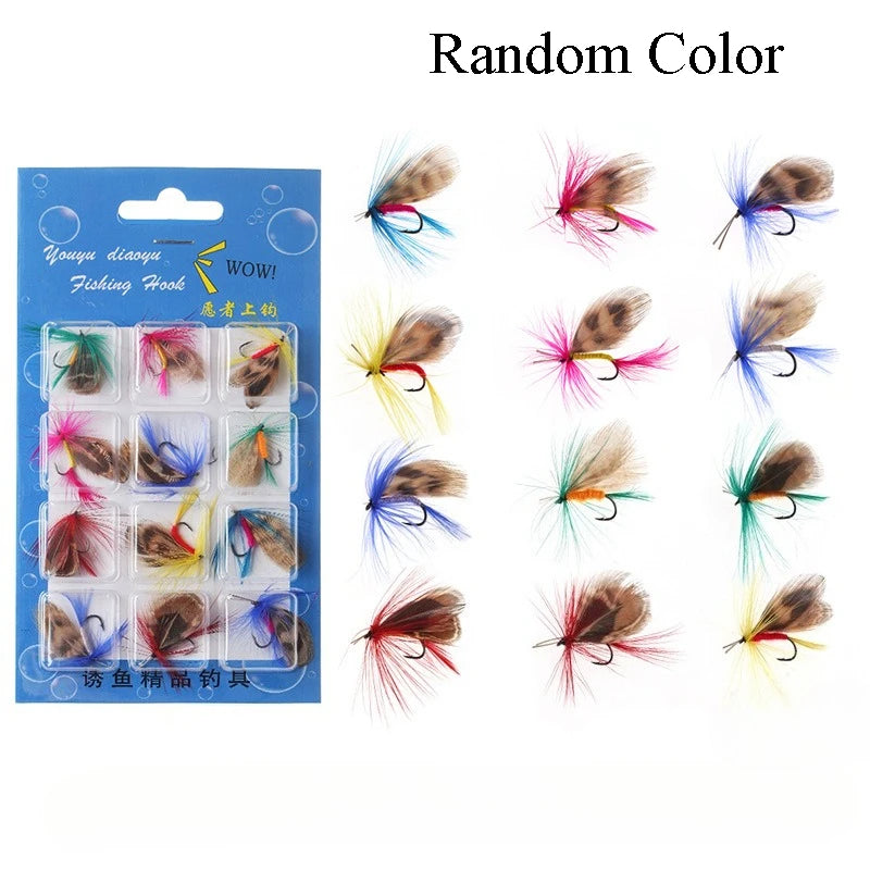 12PCS/Bag Topwater Fly Fishing Lure Set With Dry Fly Feather Hook Natural Insects Artificial Fake Bait For Fishing Carp Trout