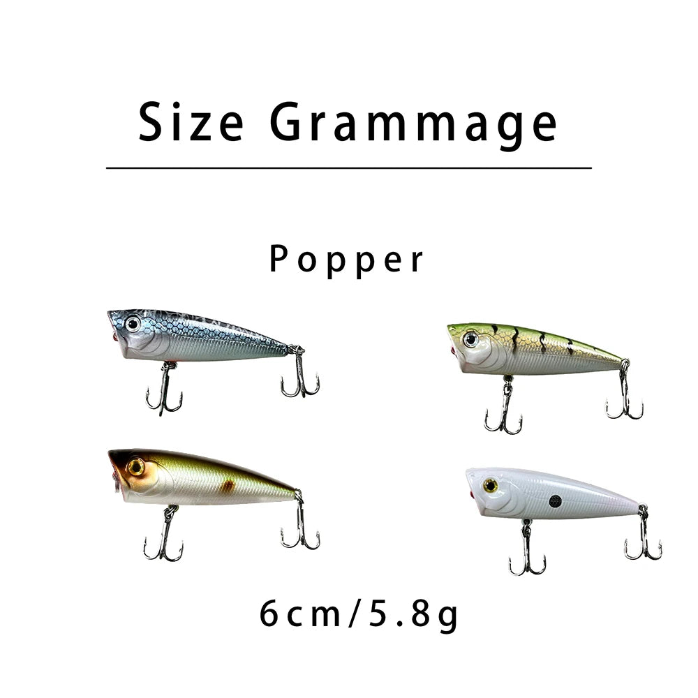 New Fishing Lures Topwater Popper Bait 6cm 5.8g Hard Bait Trout Bass Artificial Wobblers Plastic Lure Fishing Tackle with Hooks