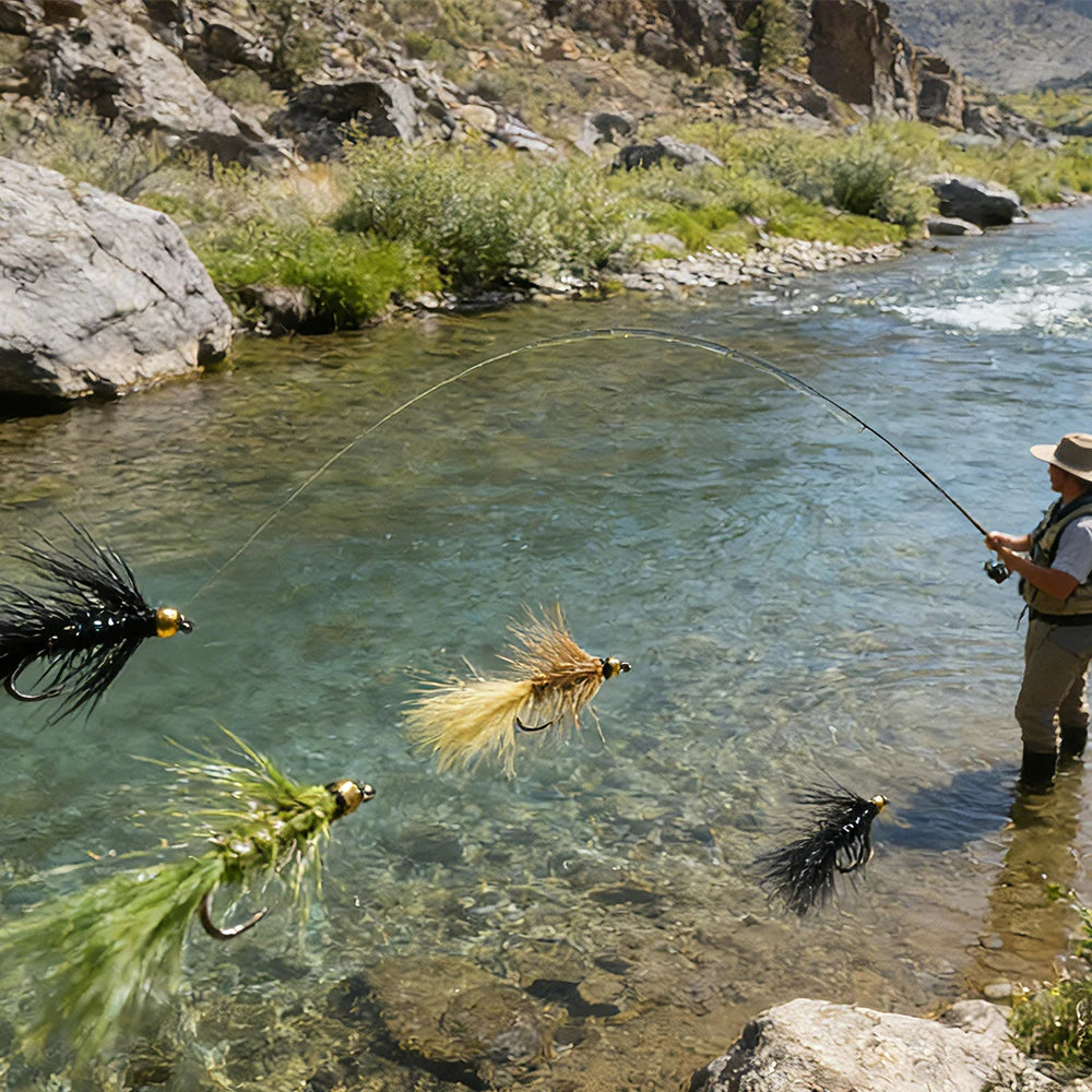 12pcs Woolly Bugger Streamers Fly  Brass Bead Head Fishing Flies For Steelhead Pike Bass Rainbow Trout Fishing Lures Baits