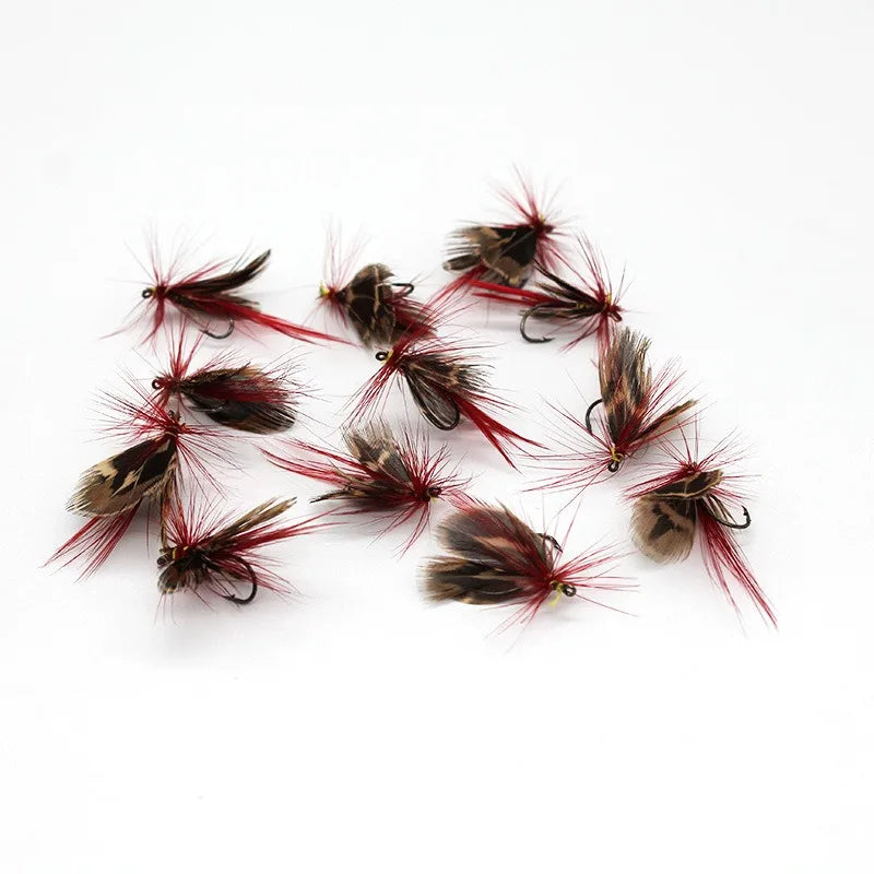 12PCS/Bag Topwater Fly Fishing Lure Set With Dry Fly Feather Hook Natural Insects Artificial Fake Bait For Fishing Carp Trout