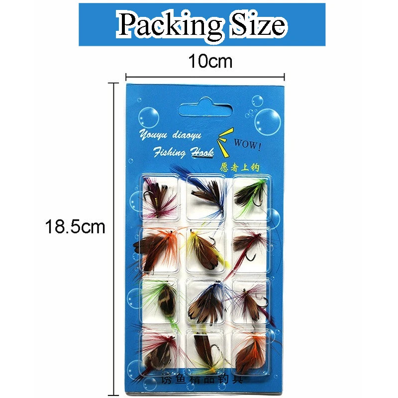 12PCS/Bag Topwater Fly Fishing Lure Set With Dry Fly Feather Hook Natural Insects Artificial Fake Bait For Fishing Carp Trout