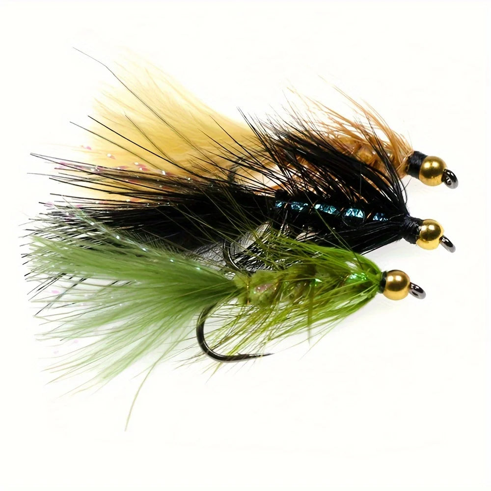 12pcs Woolly Bugger Streamers Fly  Brass Bead Head Fishing Flies For Steelhead Pike Bass Rainbow Trout Fishing Lures Baits