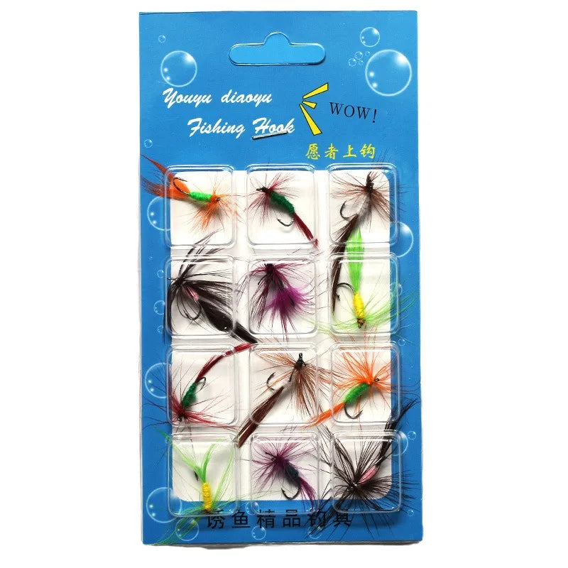 12PCS/Bag Topwater Fly Fishing Lure Set With Dry Fly Feather Hook Natural Insects Artificial Fake Bait For Fishing Carp Trout